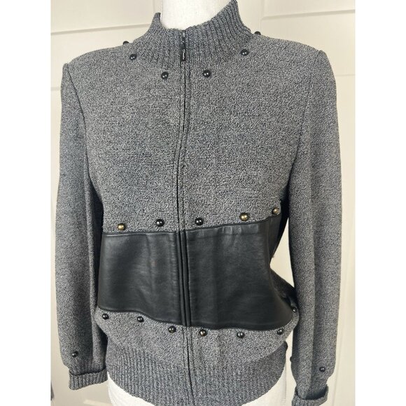 Vintage Toula Santana Knit Wool Zip Up Sweater Marled Black Leather Women's Sz 4 - Picture 2 of 12